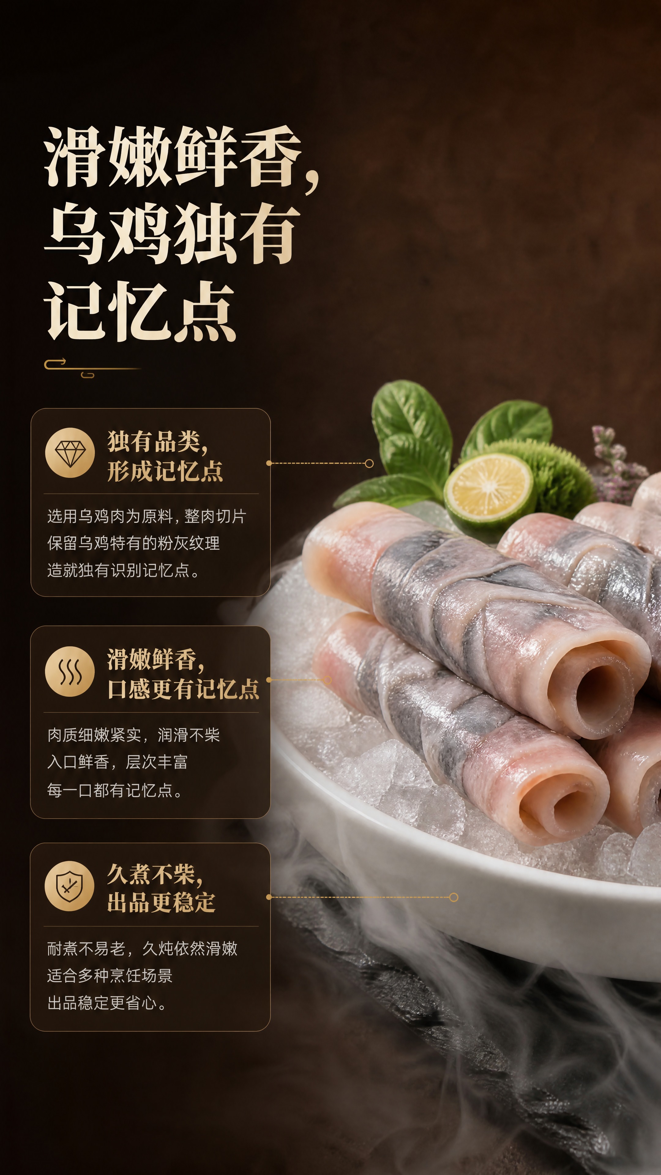 [商品] 使用【图1】商用冷冻乌鸡片；保留乌鸡卷的粉灰相间纹理… - 图片创意预览