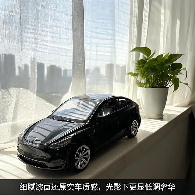 居家窗台场景，搭配白纱窗帘和绿植盆栽，窗外虚化城市建筑，黑色特斯拉车模，全车车门关闭，斜放于窗台，侧窗对准百叶窗光影，平视侧前方，镜头聚焦车身漆面，捕捉光影折射效果，自然光通过窗帘漫射，形成柔和光影，突出漆面细腻质感，文案文字“细腻漆面还原实车质感，光影下更显低调奢华”保留在画面底部