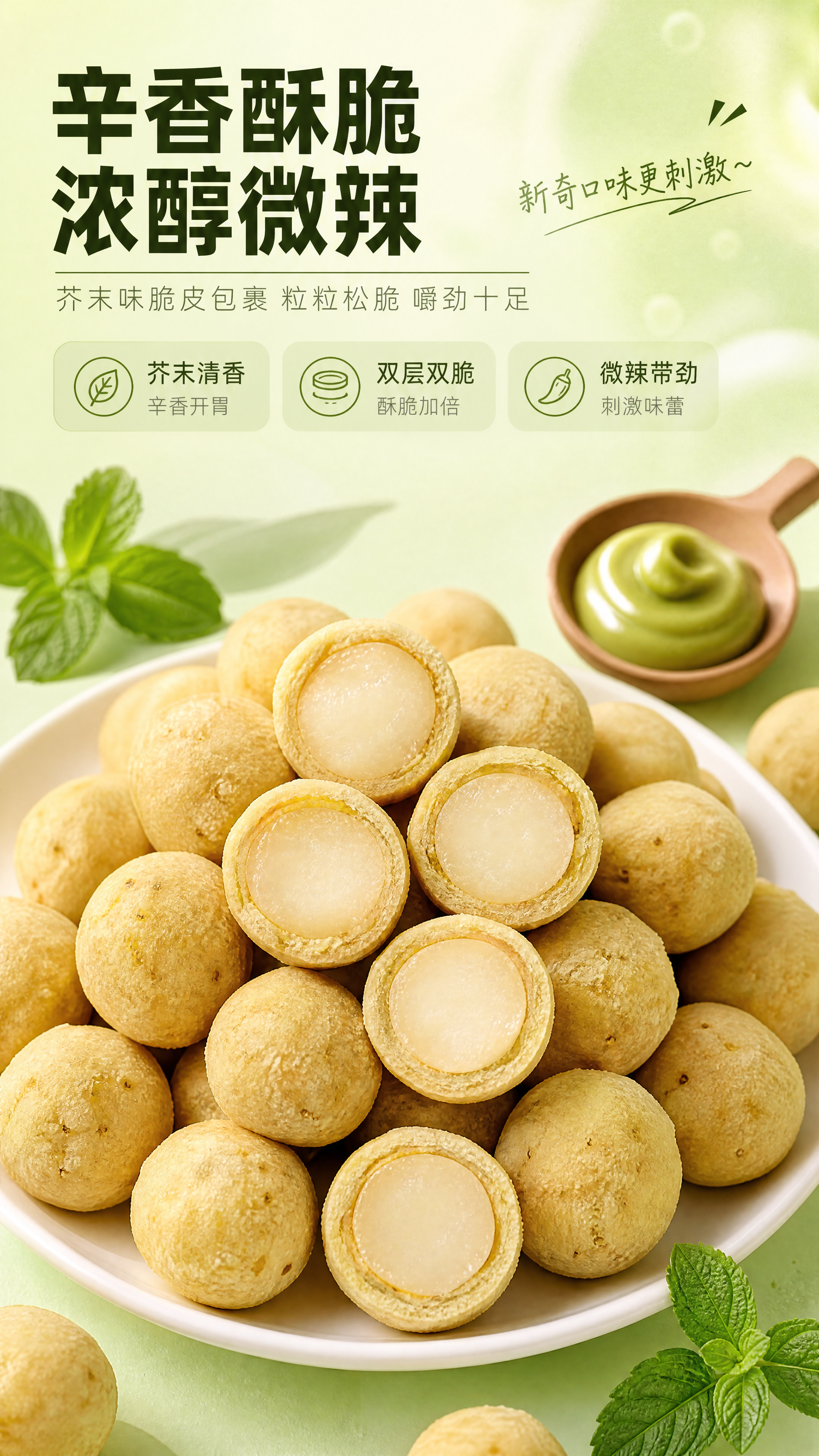 [商品] 本页为口感质地特写，主体是芥末味夏威夷果仁，保留浅黄… - 图片创意预览