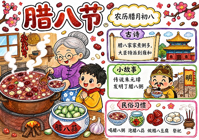 A4横版297:210，纯白色背景，小学生马克笔手绘风格，彩虹糖果色配黑色粗边描线，白纸真人手绘效果，笔触痕迹明显，线条稚嫩歪扭有小学生手绘特点，简单好画，插画大文字少，版式精美，无水印无二维码。
顶部大标题"腊八节"，棕红渐变艺术字，旁边云朵框写"农历腊月初八"。
画面左侧超大主插画：厨房里冒着热气，一大锅腊八粥食材丰富（红豆、花生、红枣、莲子等），奶奶盛粥给小朋友，旁边摆着腊八蒜。
右上小框标题"古诗"，写"腊八家家煮粥多，大臣特派到雍和"。
右中小框标题"小故事"，画朱元璋喝粥的Q版小插画，旁边写"传说朱元璋发明了腊八粥"。
右下小框标题"民俗习惯"，画腊八粥、腊八蒜、红枣的小插画，旁边写"喝腊八粥 泡腊八蒜 做腊八豆腐 祭祀"。
周围点缀豆子、红枣、热气、梅花装饰。
画面中必须完整呈现文字："腊八节"、"农历腊月初八"、"古诗"、"腊八家家煮粥多，大臣特派到雍和"、"小故事"、"传说朱元璋发明了腊八粥"、"民俗习惯"、"喝腊八粥 泡腊八蒜 做腊八豆腐 祭祀"。所有文字必须清晰可读。
画面中所有信息区域必须填充完整合理的内容，不得出现空白框、空白占位、横线待填写区域。