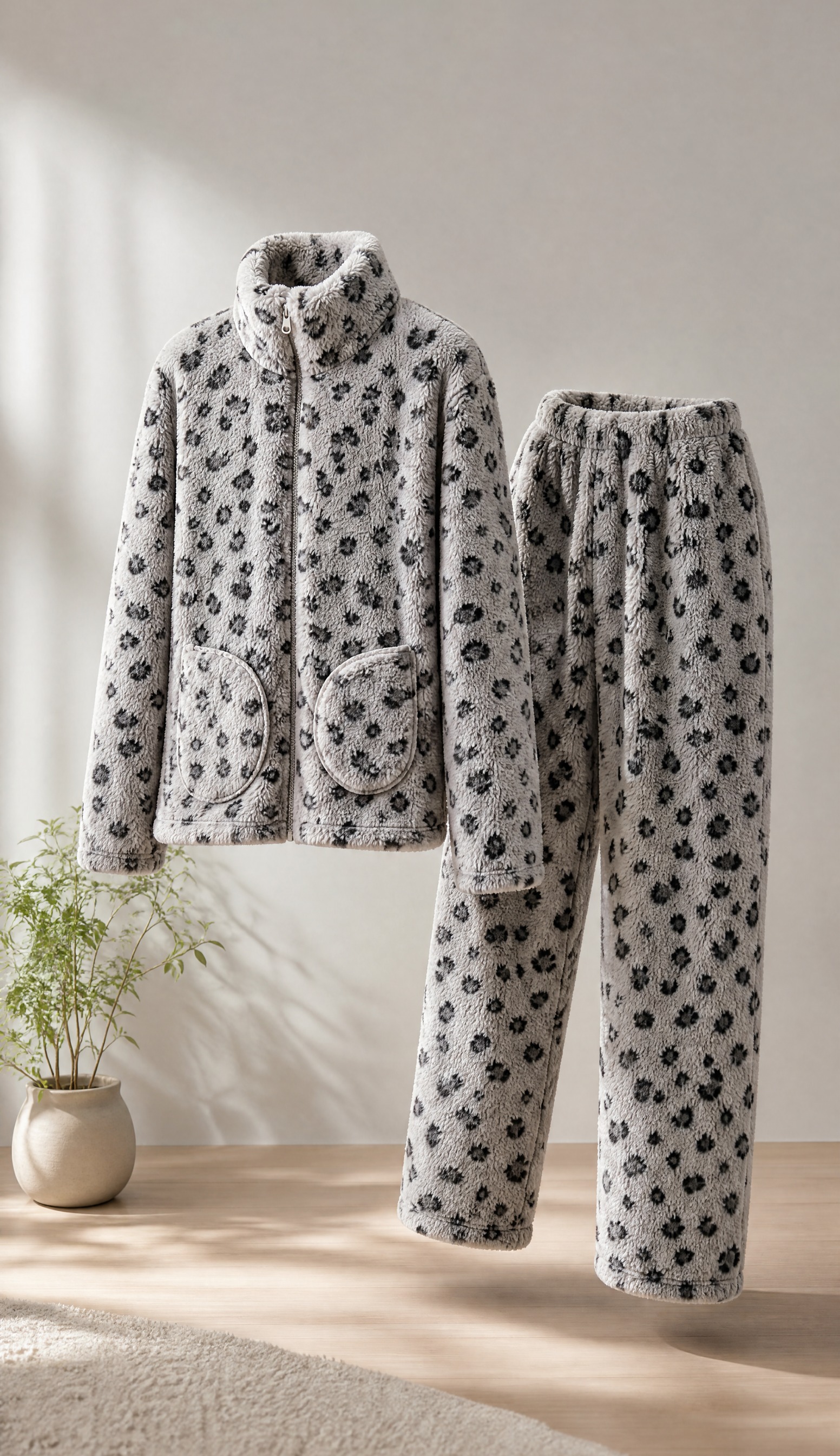 灰色豹纹法兰绒立领拉链家居服套装（上衣+长裤），详情页整体展示… - 图片创意预览