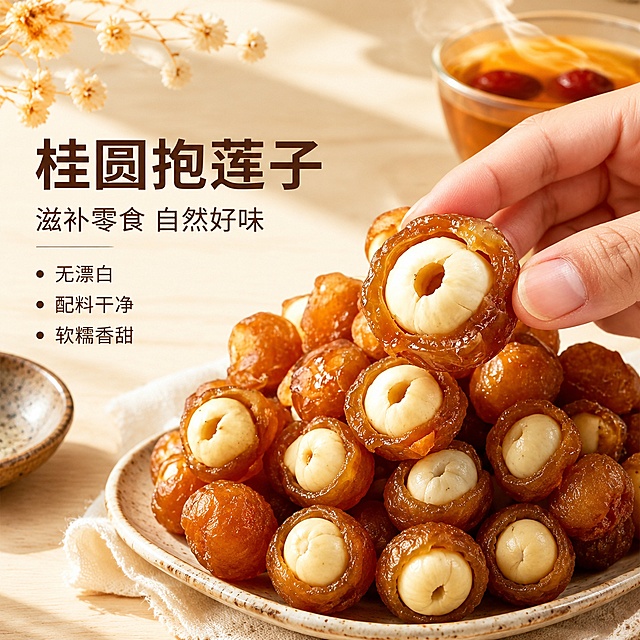 [主图-1] 桂圆抱莲子滋补零食首图，食欲感场景展示。
[氛围风格] 暖调自然写实风，温馨居家餐桌场景，突出健康滋补与真实食材质感。
[画质] 商业摄影质感、光线柔和通透、产品清晰真实、画面干净高级。
[元素] 画面右侧主体为一堆桂圆抱莲子，其中一颗被手指捏起展示剖面，清晰可见外层琥珀色桂圆肉包裹着饱满白色莲子，桂圆肉表面有自然的糖霜光泽与褶皱纹理，莲子圆润细腻。周围散落多颗完整的桂圆抱莲子，层次丰富。背景为浅米色木质餐桌，左上角有一小束干花与古朴陶瓷小碟作点缀，右后方有一杯温热的红枣茶冒着淡淡热气，营造滋补养生氛围。**保持桂圆抱莲子产品外观（即物理结构、材质质感、颜色、剖面形态）与输入产品图绝对一致，杜绝任何变形和色差，精细化处理果肉纹理与光泽**。商品主体占比约70%，画面满屏无边框。
[光影] 自然暖阳侧逆光从左上方照射，在桂圆肉表面形成通透的琥珀色高光，莲子部分呈现温润柔光，整体光线温暖柔和，阴影浅淡有层次，突出食材的软糯质感与新鲜度，无生硬高反差冷光。
[配色] 主色调暖琥珀棕、米白色；辅助色浅木色、淡金色。
[视角构图] 45度斜侧俯视，产品堆为视觉中心，前中后景分层，景深中等，前景产品清晰锐利，背景柔和虚化，引导视线聚焦于被捏起的剖面主体。
[文字版式] 左侧负空间左对齐留安全边距，文字占比小于30%。主标题大字粗体无衬线“桂圆抱莲子”，深棕色最大号；下方辅助文案“滋补零食 自然好味”，字号约为标题的一半，同色系略浅；再下方三行小卖点“无漂白”“配料干净”“软糯香甜”，每行前配小圆点图标，字号更小。文字全部放在左侧空白区域，不遮挡产品主体。
[输出要求] 1:1比例，文字清晰锐利可辨，超高清商业摄影质感。
[负向提示词] 变形，文字错乱，产品模糊，背景杂乱，水印，电商平台Logo，夸张医疗功效表述。