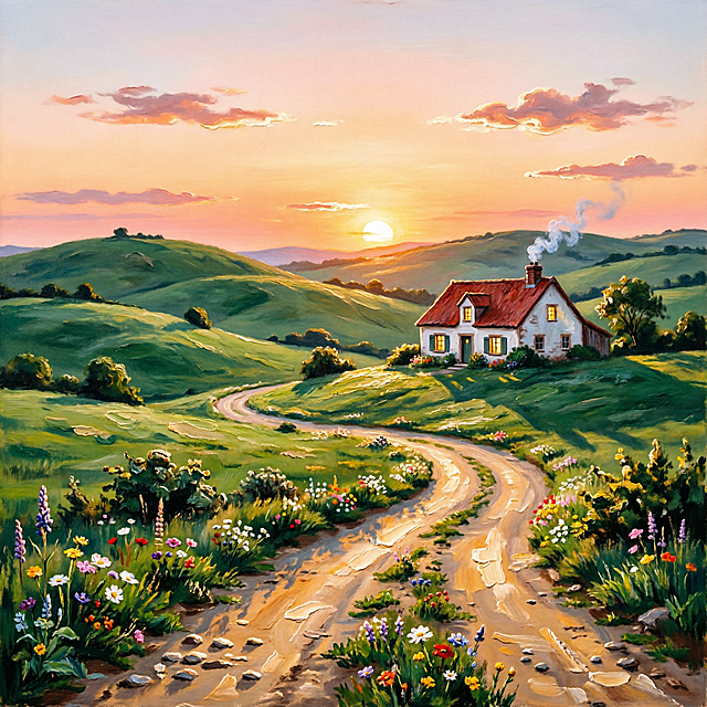 画面展示夕阳下的起伏草地与蜿蜒土路，右侧红顶白墙小屋亮着温暖灯光。整体采用油画笔触风格，色彩清新柔和，充满宁静惬意的田园气息。