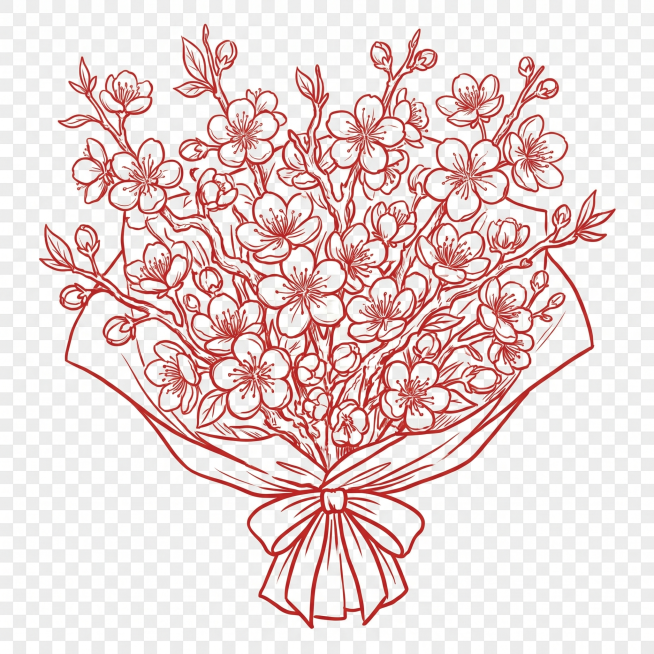 参考参考图的风格，生成一簇梅花花束，红色线条线稿，透明背景，花朵数量多画面热闹，线条清晰，可以清晰分辨出梅花，参考图为红色线稿花束风格预览效果