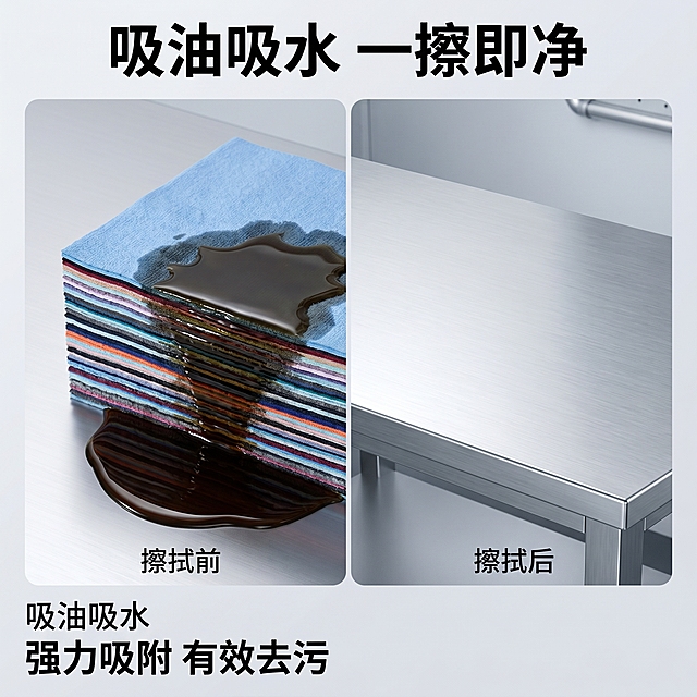 [主图 2] 工业擦机布吸油吸水效果展示图
[氛围风格] 真实实用，直观清晰，干净专业的工业风
[画质] 商业摄影质感，光线明亮通透，产品清晰真实，画面干净高级
[元素] 左侧展示工业擦机布吸收大量机油的特写场景，右侧为擦拭后洁净干燥的金属工作台，保持擦机布外观（物理结构、材质质感、颜色）与输入产品图绝对一致，杜绝变形色差。画面用左右对比结构直观展示吸油效果，产品细节清晰，背景为干净浅灰色
[光影] 均匀工业冷光，清晰展示吸水吸油对比，明暗对比清晰突出效果
[配色] 浅灰背景，深色机油，布料本身多彩配色，对比清晰
[视角构图] 平视对称对比构图，产品主体突出，左右平衡
[文字版式] 顶部大标题「吸油吸水 一擦即净」，左右分栏分别标注「擦拭前」「擦拭后」，底部左对齐标注核心卖点：强力吸附 有效去污，文字清晰不遮挡产品
[比例分辨率] 1:1比例，2k分辨率，文字清晰锐利，超高清
[负向提示词] 变形，水印，文字错乱，产品图模糊，背景杂乱
