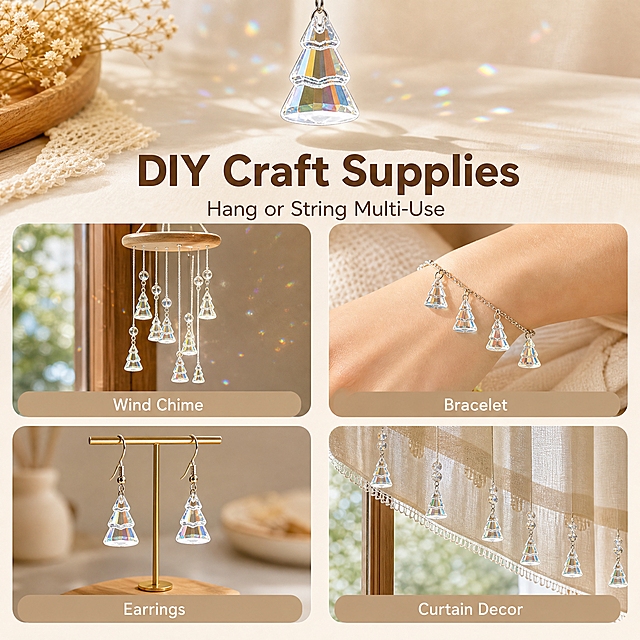 [主图-5] 手工DIY多用途展示图，唯一任务是展示吊坠可挂可串的多种DIY创意用法：风铃、手链、耳环、窗帘挂饰等。
[统一基调] Temu跨境1:1主图，浅米白+原木色背景，温馨手作风格，英文文案，无衬线字体，四宫格创意展示。
[画面] 画面顶部中央放置一颗大号幻彩水晶圣诞树吊坠作为主视觉。下方分为四个等大的圆角矩形场景小窗，2x2排列，分别展示四种DIY用法：①左上：水晶风铃 — 多颗吊坠串成风铃挂在窗边，阳光照射产生彩虹光斑 ②右上：手工手链 — 吊坠串在手链上作为饰品佩戴在手腕上（局部手部展示） ③左下：耳环耳饰 — 两颗吊坠做成耳环挂在耳环架上 ④右下：窗帘装饰 — 多颗吊坠串在窗帘边缘作为装饰。每个小窗下方有对应英文标签。画面底部有主标题说明多用途。
[光影质感] 主产品保持水晶通透闪耀质感，四个小窗各自有对应场景的真实光影：窗边自然光、室内暖光、展示台冷光、窗帘柔和光。
[配色] 浅米白+原木色主背景，标题深棕色，小窗内场景保留自身色调但整体偏暖调统一。
[文字版式] 顶部主标题大号粗体无衬线英文"DIY Craft Supplies"，副标题"Hang or String Multi-Use"。四个小窗下方分别标注"Wind Chime""Bracelet""Earrings""Curtain Decor"，小号无衬线字体。文字横排，清晰可读。
[输出要求] 1:1正方形，2048x2048，四个DIY场景清晰区分，产品外观一致，无变形、无错字、无模糊、无水印、无平台Logo。