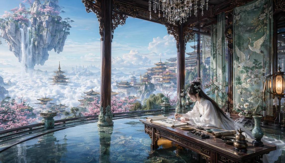 【构图】广角纵深镜头，前景是建造在云海高空的巨型中式书阁内部；深褐色实木梁柱搭配青玉石雕构件，墙面布艺绣着仙鹤纹样，顶部悬挂璀璨水晶吊灯，地面是清澈镜面浅水；画面右下角一位身着纯白色广袖汉服的女子，伏预览效果