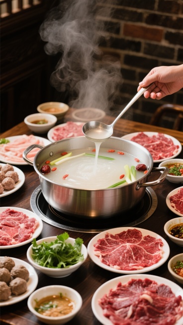 一张热气腾腾的火锅海报，画面中央是一口冒着氤氲白汽的清汤火锅，银色的锅具放在黑色的炉盘上，锅中漂浮着红枣、枸杞和葱段，一只手正用长柄勺子舀起清亮的汤汁。火锅周围摆满了各种新鲜食材：多盘纹理分明的鲜红色生牛肉片，几盘紧实圆润的肉丸，一碗翠绿的香菜，还有几小碗不同口味的蘸料。背景是深色的木质桌面和砖墙，营造出温暖而有烟火气的氛围，光线柔和，突出食材的新鲜感和火锅的诱人热气，整体风格写实，色彩浓郁，……预览效果
