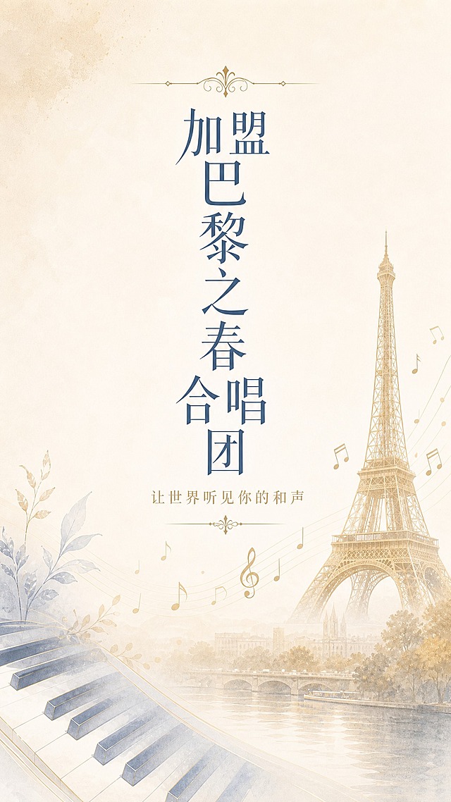 将这张横版海报重新设计为竖版9:16比例。保持原有的现代静谧清新淡雅风格，米白淡金雾霾蓝配色，巴黎埃菲尔铁塔、钢琴键、五线谱音符等装饰元素保留。主标题"加盟巴黎之春合唱团"和副标题"让世界听见你的和声"调整为竖版居中布局，文字字号适当放大，上下留白更充足。整体画面元素重新排布为竖向构图，保持优雅高级感。画面中所有文字必须精确完整保留，不得遗漏或改变。