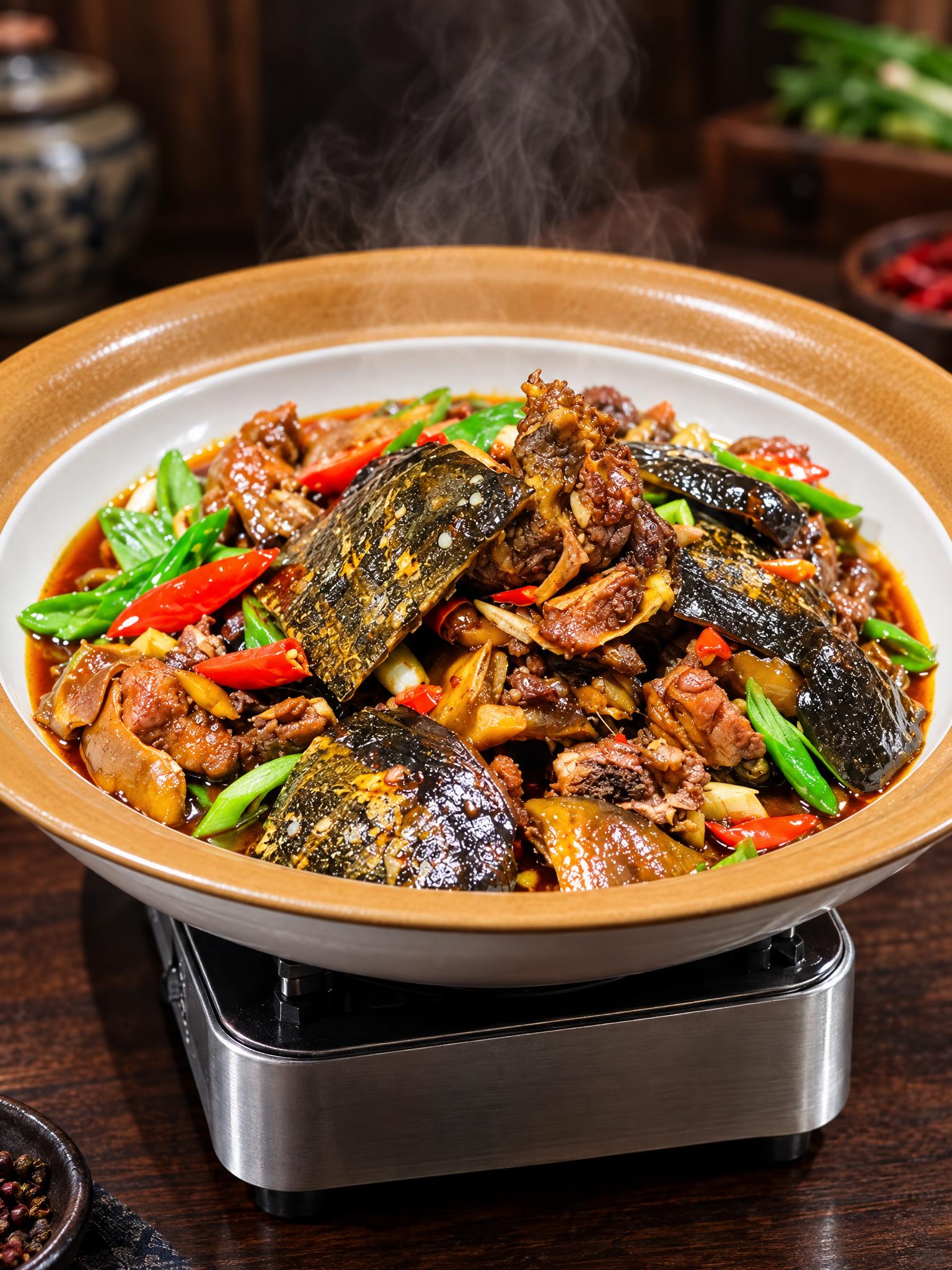 基于参考图中的红烧甲鱼菜品，生成平视角度的美食摄影图，保持甲鱼… - 图片创意预览