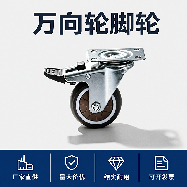 [主图-5] TPR万向轮厂家服务说明图
[氛围风格] 规整清晰工业服务背书风格
[画质] 商业摄影质感、光线均匀通透、产品清晰真实、画面干净高级
[元素] 保持万向轮外观（物理结构、TPR橡胶材质质感、金属支架颜色、轮子配色）与输入产品图绝对一致，杜绝任何变形和色差，精细化处理。主体万向轮居中放置，背景浅灰白色干净，底部深色服务背书条展示厂家服务信息，整体统一规整
[光影] 均匀棚拍布光，产品清晰，阴影柔和
[配色] 背景浅灰白色，底部深蓝色背书条，白色文字对比清晰
[视角构图] 中心对称构图，主体完整展示
[文字版式] 顶部写大字"万向轮脚轮"，中部主体，底部深蓝色条均分四列，每列写服务卖点：第一列"厂家直供"，第二列"量大价优"，第三列"结实耐用"，第四列"可开发票"，文字清晰对齐，不遮挡产品主体
[比例分辨率] 1:1 比例，4k 分辨率，文字清晰锐利，超高清
[负向提示词] 变形，水印，文字错乱，产品图模糊，背景杂乱，花哨背景压过产品本体