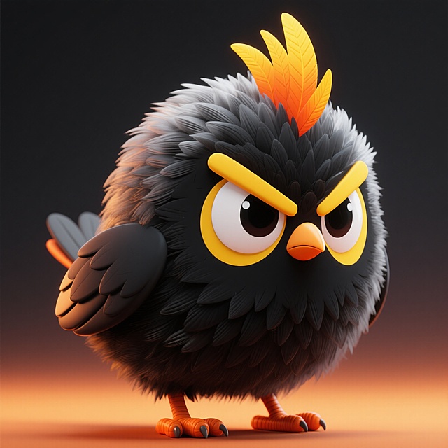 3D卡通风格，拟人化小鸟，毛发生长风设计，可爱又略带愤怒的表情。