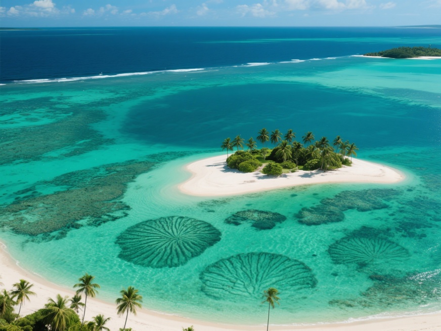 A breathtakingly clear aerial photograph of the Marshall Islands at noon. Sunlight penetrates the cr预览效果