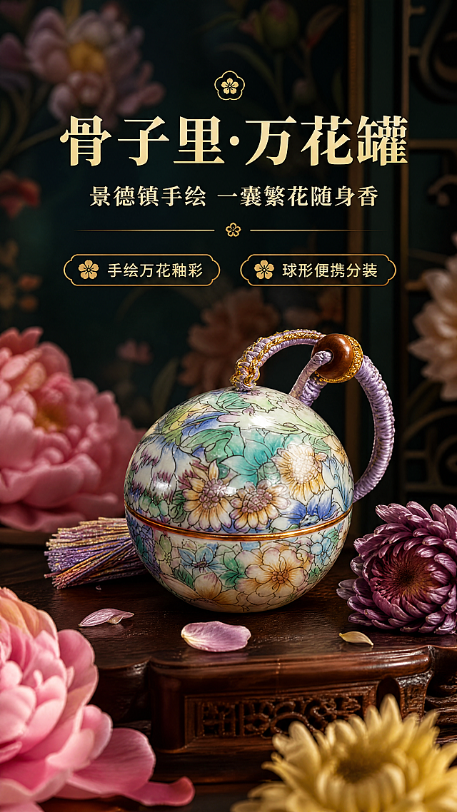 [商品] 使用【图1】骨子里·万花陶瓷分装罐；保留球形罐体、满绘万花花卉图案、紫绿蓝黄艳丽花色、金色描边分割线、紫色编织挂绳、木珠配饰、流苏穗子的结构与颜色；保留陶瓷光泽与手绘纹样细节，不改变罐体比例和图案布局。
[画面] 页面目标：氛围头图，第一眼惊艳，突出国风繁花美学与产品全貌。构图：竖版9:16，产品居中偏下，罐体占画面约55%，微微仰视角度展现饱满球形；前景散落几朵真实牡丹花/菊花花瓣，中景产品置于深木色古雅台面上，背景为柔焦的繁花屏风或暗调花墙，形成前中后3层景深；整体营造东方雅致又艳丽的视觉冲击。
[视觉] 套系策略：风格=国风新中式轻奢商业摄影；标题字=宋体衬线粗体（雅致有风骨）；正文字=简洁细黑体；主色=繁花多彩（紫/青/粉/金），背景延展=深墨绿+暗金做同色系深浅层级、暗纹花影质感；强调色=描金，仅用于小面积图标、引线、标签描边；标题色=米白+烫金质感；正文色=浅米灰；组件=圆角金线信息卡、细金线引线、梅花形小图标；光影=左前侧暖柔光，侧逆光勾勒罐体轮廓，整体柔和均匀，无光斑、无过曝高光。
[文字] 上方留白放主标题「骨子里·万花罐」，副标题「景德镇手绘 一囊繁花随身香」，下方配2个短卖点「手绘万花釉彩 / 球形便携分装」，文字区不遮挡罐体主体花纹；所有文字横排，手机端清晰可读。
[规格] 图片比例9:16竖版，4K分辨率，负向提示：光斑、过曝、模糊、错字、文字竖排、罐体变形、图案错乱、冷蓝灰主调、水印、二维码。
