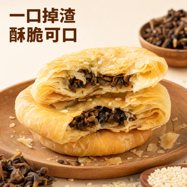 [主图-2] 梅干菜薄酥饼核心卖点酥脆展示。[氛围风格] 真实自然美食摄影，突出酥脆掉渣质感；[画质] 商业摄影质感、光线柔和通透、产品清晰真实、画面干净高级。[元素] 掰开的梅干菜薄酥饼展示分层酥皮预览效果