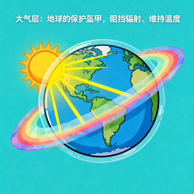 根据以下描述，生成卡通图片：
第1张图：为什么生命能够在地球生存？因为地球离太阳不远也不近，刚刚好可以让我们觉得不会太冷，也不会太热。
第2张图：而且就像我们之前看到的，地球最外面有厚厚的大气层，就像预览效果