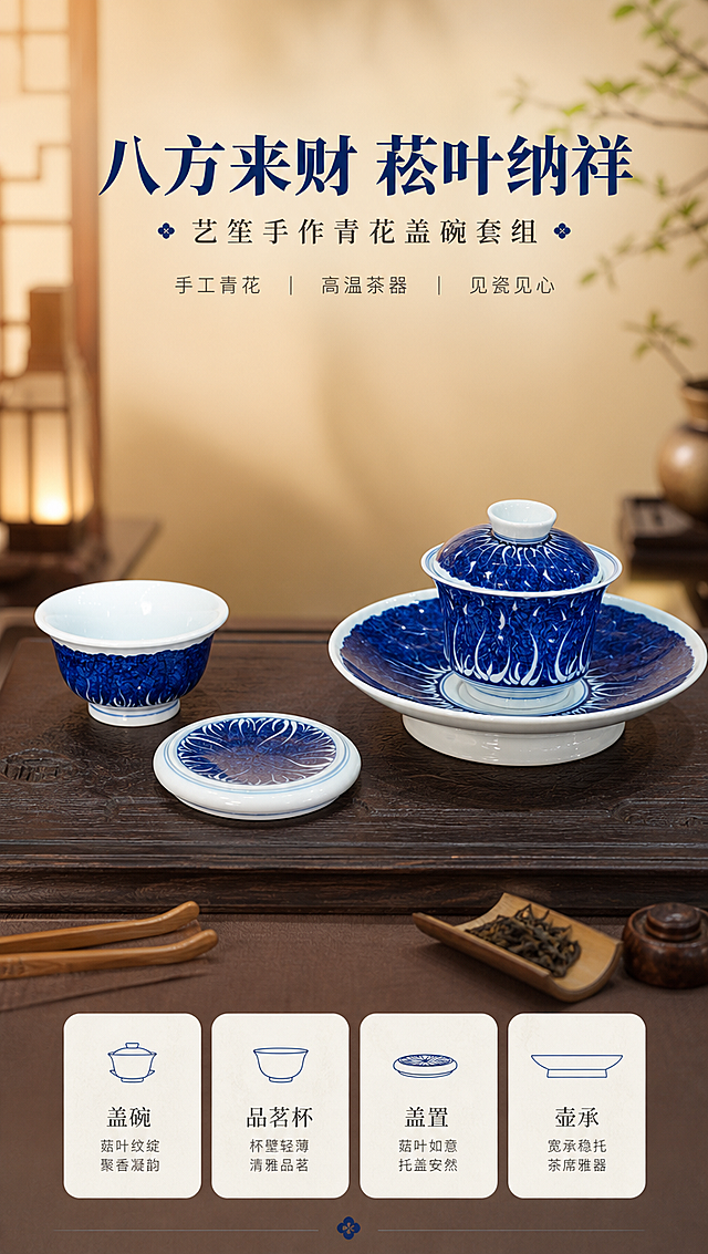 [商品] 使用【图1】艺笙手作八方来财菘叶纳祥青花盖碗套组，含盖碗、品茗杯、盖置、壶承四件；保留青花蓝白配色、菘叶纹图案、器型结构、白瓷胎质、手工质感；商品处理：保留器物原貌，增强釉面光泽与青花发色饱和度。
[画面] 目标：氛围头图，突出整套茶器东方雅致之美。构图：居中对称茶席全景，产品占画面65%，茶器置于深棕色木质茶席上，背景为暖米色柔和虚化的中式茶空间墙面，前景有茶针、茶则等茶道具点缀，前中后三层景深分明，阅读动线从上到下。景别：中景，四分之三视角，茶器完整展示全貌。
[视觉] 套系策略：风格=东方雅致茶席商业摄影；标题字=宋体衬线粗体；正文字=简洁无衬线体；主色=青花蓝+米白；背景延展=基于米白到暖米棕渐变，搭配深木色茶席质感；强调色=霁蓝，仅用于小面积图标、引线和标签；标题色=深霁蓝；正文色=暖炭灰；组件=圆角米白信息卡、细线引线；光影=左前侧暖柔光，釉面有自然高光。
[文字] 上方主标题「八方来财 菘叶纳祥」，副标题「艺笙手作青花盖碗套组」，下方配短卖点「手工青花｜高温茶器｜见瓷见心」，文字区居上不遮挡主体器物。
[规格] 图片比例9:16竖版，4K，避免变形、错字、文字过小、冷蓝背景、器物颜色改变、器型失真。