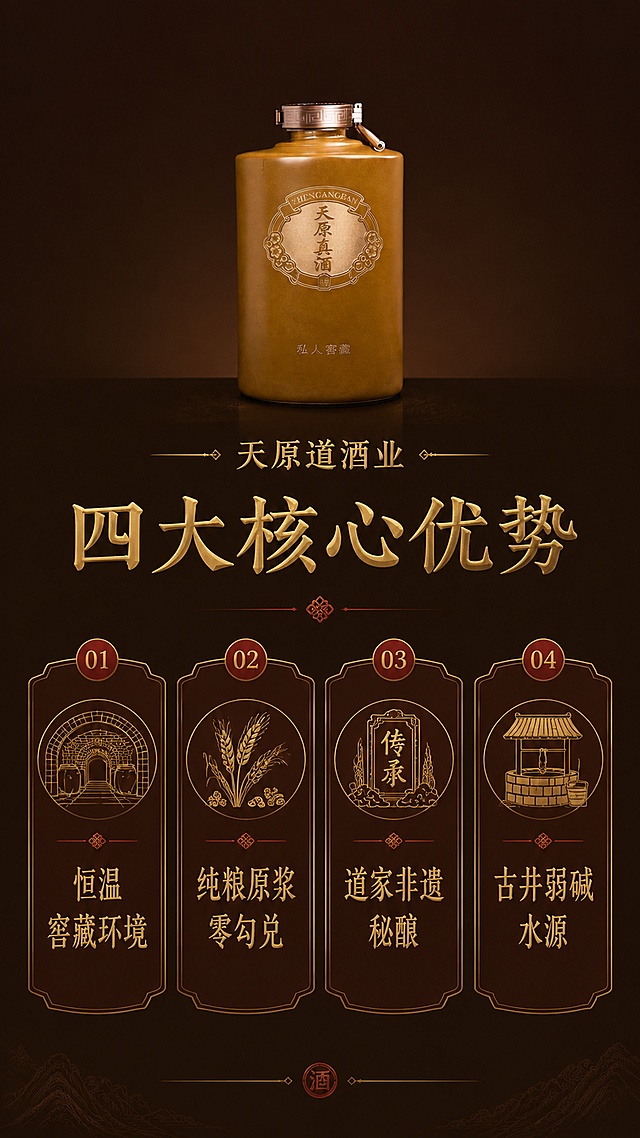 [第2屏] 核心卖点总览，天原真酒四大核心卖点展示。本屏使用【图1】作为产品辅助展示，放置在画面顶部。
[氛围/风格] 中式厚重高级，暗调质感，排版规整清晰，高清精致。
[元素布局] 顶部小尺寸产品展示，中部四格横向排列四个核心卖点，每个卖点配简约对应图标，图标占比1/4，每个卖点区域保持均匀间距，整体干净规整。
[光影质感] 均匀柔光照明，每个卖点图标和文字清晰可见，无明显阴影。
[配色色系] 全局底色深棕色#2D1E14，主色深棕，辅助色朱砂红，图标烫金色点缀，和整体保持配色一致。
[视角构图] 正面排版，从上到下产品→卖点排列，阅读逻辑清晰。
[文字版式] 顶部小字品牌「天原道酒业」，主标题「四大核心优势」烫金色，四个卖点横向排列：①「恒温窖藏环境」配酒窖图标 ②「纯粮原浆零勾兑」配谷物图标 ③「道家非遗秘酿」配传承图标 ④「古井弱碱水源」配水井图标，文字使用烫金色，清晰醒目，字体风格和首屏保持一致。
[比例分辨率] 9:16 竖版比例，4K分辨率，文字清晰可辨，高清画质。
[负向提示词] 排列错乱，图标不清晰，文字模糊，颜色杂乱，产品变形，多余装饰元素