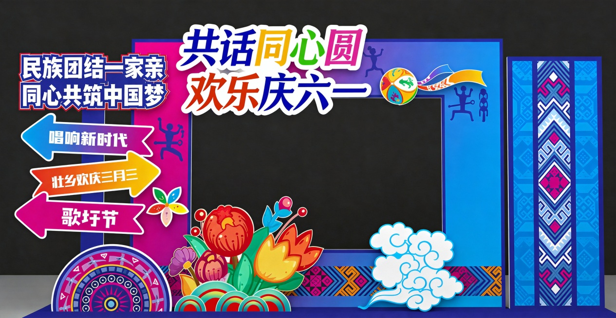 保持原有所有文字的大小和位置完全不变，仅移除右侧的壮族女孩人物，保留其他装饰图案、立柱和整体构图风格不变，不改动文字任何部分预览效果