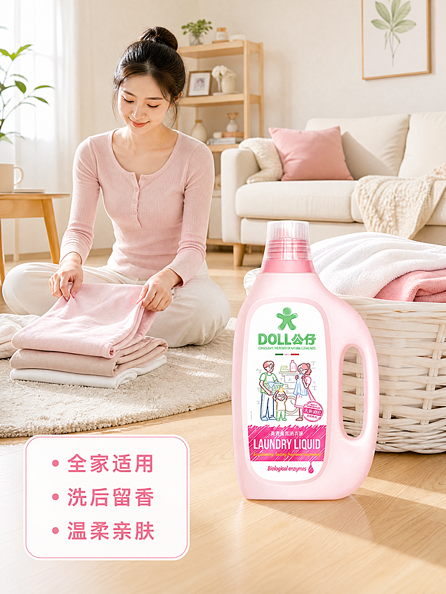[主图-4] DOLL公仔洗衣液家庭适用场景展示
[氛围风格] 温馨亲子家庭氛围，自然真实
[画质] 商业摄影质感，光线柔和通透，产品清晰真实，画面干净高级
[元素] 洗衣液放置在客厅干净洗衣篮旁，年轻妈妈正在叠刚洗好的柔顺衣物，整个场景温暖干净，保持洗衣液产品外观颜色结构与原图绝对一致，无变形色差。产品放置在画面前景偏右位置，是视觉焦点，场景自然不抢主体
[光影] 客厅自然光，柔和温暖，整体通透舒适
[配色] 浅暖米白墙面，浅木色地板，整体温馨浅色调，产品粉色做点缀
[视角构图] 略微俯视日常场景构图，前中后景层次分明，景深自然
[文字版式] 左下角信息框文字：全家适用 洗后留香 温柔亲肤，文字清晰不遮挡主体
[比例分辨率] 3:4比例，4k分辨率，超高清
[负向提示词] 变形，水印，文字错乱，产品模糊，背景杂乱，人物遮挡产品