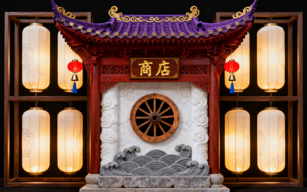 按照设计要求重新生成：重檐歇山顶仿古建筑门楼亭阁，深紫色琉璃瓦屋顶配鎏金卷草纹，飞檐翘角，红棕色雕花木质主体搭配汉白玉祥云海浪雕刻立柱墙面，多层灰色海浪浮雕石基座，牌匾刻金色"商店"二字，中央嵌入木质预览效果