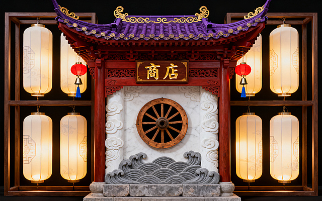 按照设计要求重新生成：重檐歇山顶仿古建筑门楼亭阁，深紫色琉璃瓦屋顶配鎏金卷草纹，飞檐翘角，红棕色雕花木质主体搭配汉白玉祥云海浪雕刻立柱墙面，多层灰色海浪浮雕石基座，牌匾刻金色"商店"二字，中央嵌入木质车轮装饰，两侧各挂一盏带铜铃蓝流苏的红色小灯笼，框架内上下两排共6盏米白长灯笼点亮暖黄光，灯笼带浅淡中式暗纹，暖光营造温暖治愈古风烟火气，整体浓郁东方传统美学氛围，纯黑色背景