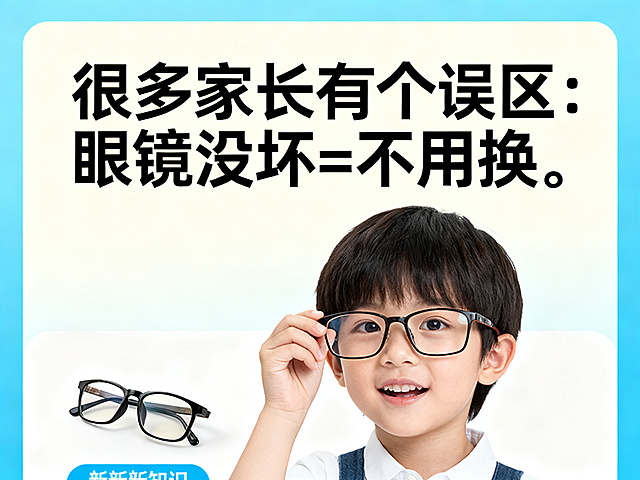 科普眼科健康知识宣传图，风格简洁现代，明亮温馨，针对家长群体，画面醒目标题文字“很多家长有个误区：眼镜没坏=不用换。”，提醒家长及时为孩子更换眼镜，背景干净舒适，配有眼镜和小孩的元素