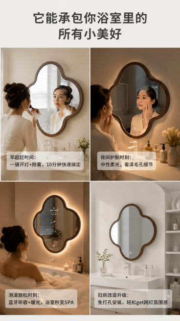 [第7屏] 场景化种草模块-承包浴室所有小美好。
[氛围/风格] 多场景拼贴，温馨氛围感，生活化真实质感，现代简约。
[元素布局] 四格场景拼图，2行2列排列，四个不同使用场景：1.左上：早起赶时间化预览效果