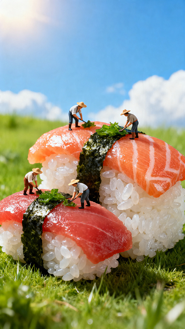 微缩艺术风与拟人风结合，3D质感的寿司化身田园场景，粘土风格小农夫在翠绿草地上劳作，超现实主义呈现清新趣味，传递春日生机。