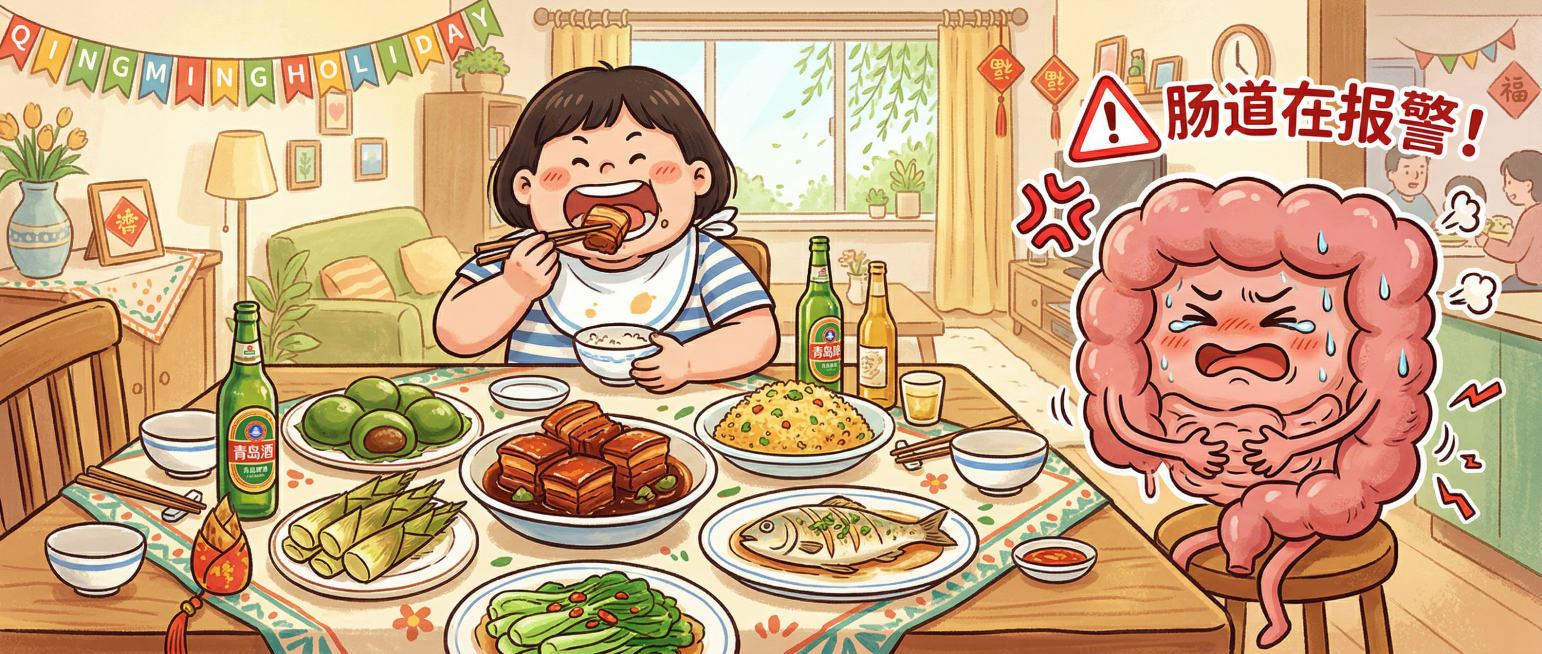 幽默科普插画风格，画面中央是一张丰盛的清明假期餐桌，摆满青团、红烧肉、春笋、啤酒等美食。餐桌旁一个人正在大口吃东西。画面右侧有一个拟人化的肠道卡通形象，表情痛苦，一只手捂着肚子，旁边有“💢”和“⚠️预览效果