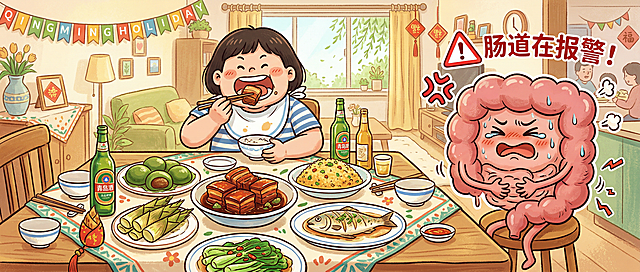 幽默科普插画风格，画面中央是一张丰盛的清明假期餐桌，摆满青团、红烧肉、春笋、啤酒等美食。餐桌旁一个人正在大口吃东西。画面右侧有一个拟人化的肠道卡通形象，表情痛苦，一只手捂着肚子，旁边有“💢”和“⚠️”符号，暗示肠道在“报警”。整体画面幽默、生动，传递“美食虽好，但别吃伤肠道”的信息，色彩温暖明亮。