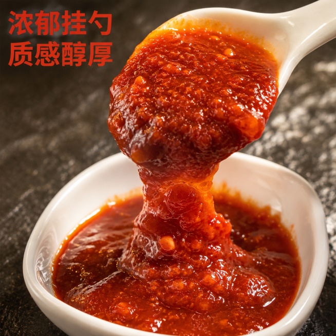[主图-3] 酱料细节展示，浓稠香辣品质。[氛围风格] 微距食欲感，突出酱料真实质感。[画质] 商业摄影质感、光线柔和通透、产品清晰真实、画面干净高级。[元素] 保持原酱料颜色、颗粒质感与输入图片一致预览效果