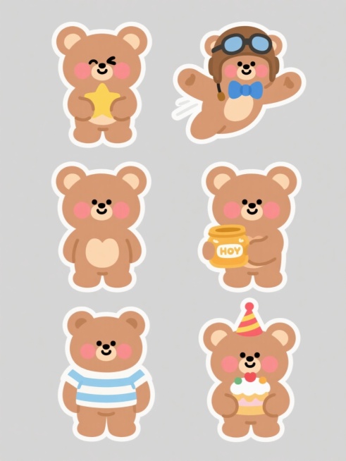 一套6个不同造型的卡通小熊系列素材集合，规整排布于同一画面。整体采用简洁可爱的手绘扁平风格，小熊主体为温暖的浅棕色，脸颊有圆润的粉色红晕，耳朵内侧为浅米色。每个小熊造型独特：1. 第一个小熊双手捧着一颗黄色星星，单眼俏皮眨眼；2. 第二个小熊戴着蓝色蝴蝶结，双手比心；3. 第三个小熊戴着飞行员帽子，双手张开作飞翔状；4. 第四个小熊抱着一个蜂蜜罐，露出满足的微笑；5. 第五个小熊穿着条纹T恤，……预览效果