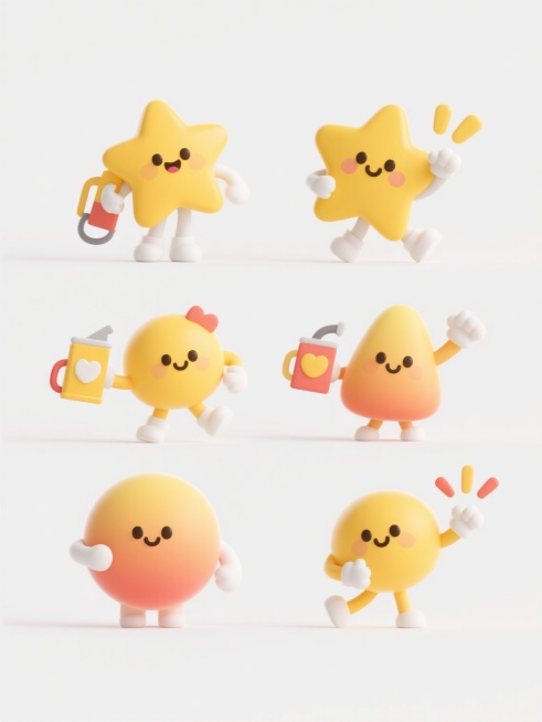 六个不同样式、不同造型、不同姿势、不同配色的加油主题卡通元素，每个元素都具有圆润可爱的Q版风格，类似黄色星星角色的友好表情和动态感，带有简洁的线条和柔和的渐变色彩，白色背景，元素排列整齐有序，每个角色都有独特的加油姿态和装饰，整体保持统一的卡通可爱风格和积极向上的氛围。预览效果