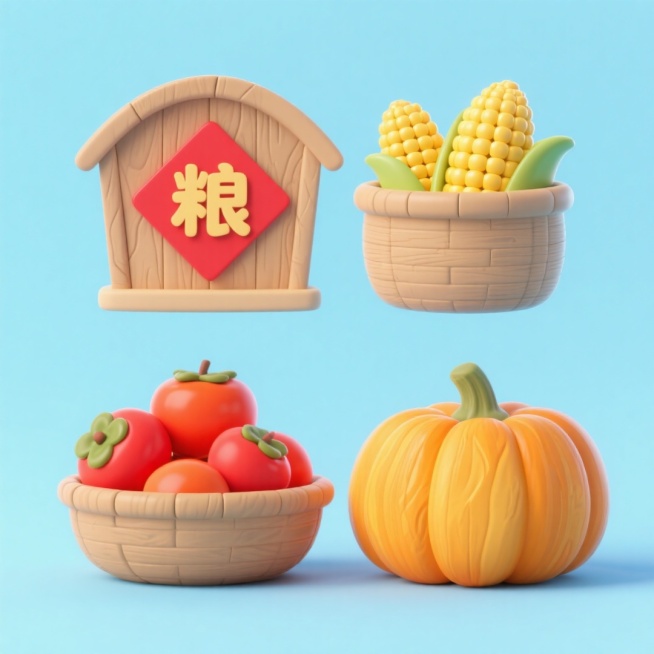 4个中秋素材组合，可爱电商促销感。素材包括：第一个粮仓（贴着带有 “粮” 字的红色菱形福字）；第二个一筐玉米；第三个一筐柿子；第四个南瓜。画面整体呈现鲜艳效果，淡蓝色背景。上下两行，排列整齐预览效果