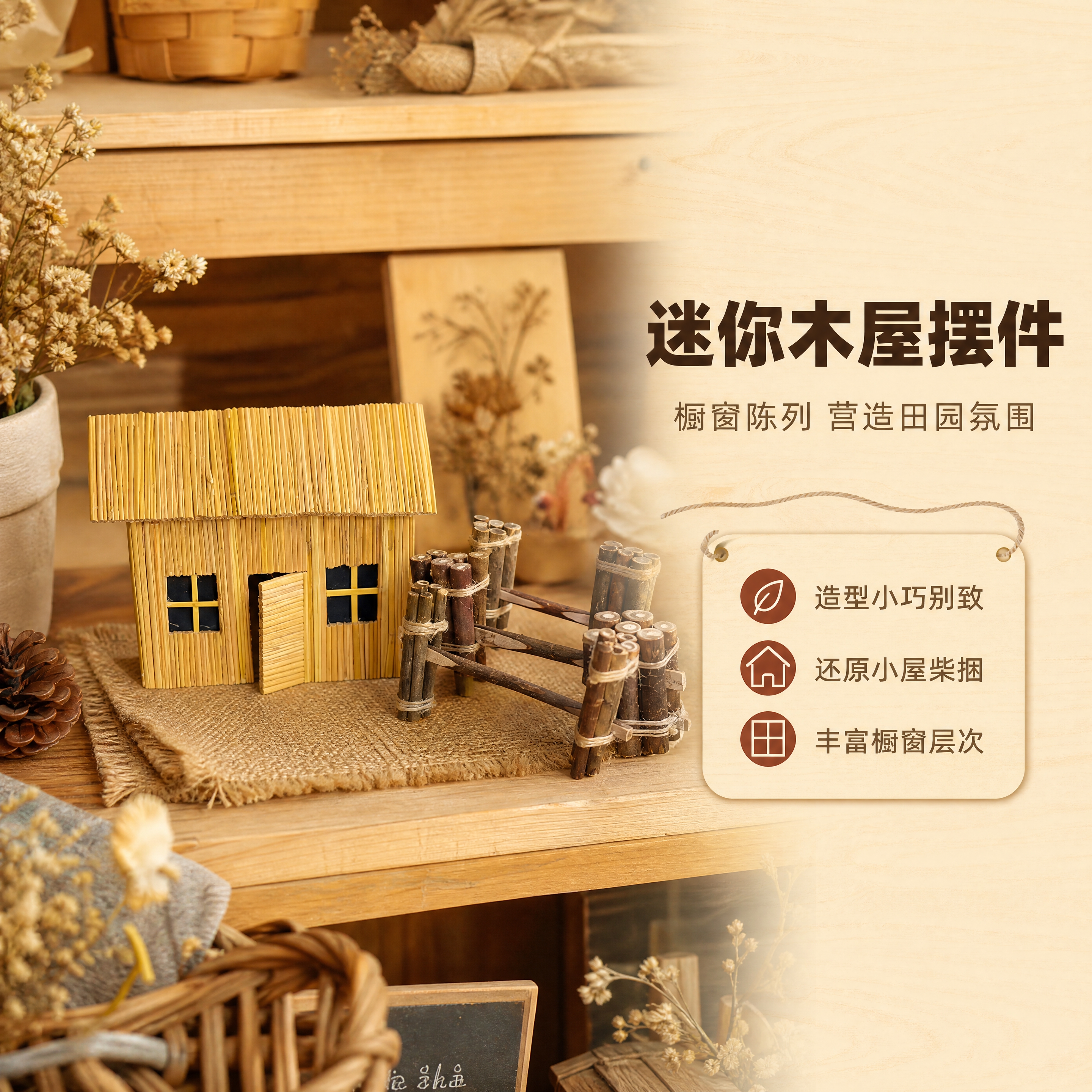 [商品] 使用【图1】迷你木屋配小捆柴摆件；保留木屋秸秆墙面、… - 图片创意预览