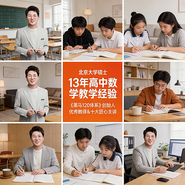 生成10张
老师在辅导学生高中数学作业，学生年纪在16岁左右，老师替换成这张，并且在图片内加上北京大学硕士
13年高中数学教学经验
《黑马120体系》创始人
优秀教师&十大匠心主讲
文字的颜色和字体需要一致（需要融入到图片里面去）文字只放在中间的图内
九宫格类型、九宫格内不准有重复的内容
场景可以多样性比如教室、客厅、咖啡厅、办公区等
