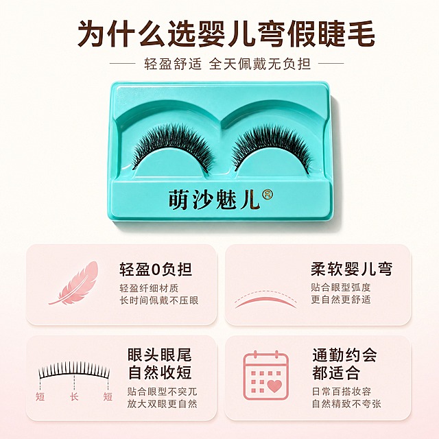 [主图-5] 萌沙魅儿婴儿弯假睫毛 产品优势总结 轻盈舒适 全天佩戴无负担。
[统一基调] 整体风格温柔清透日常通勤氛围感，背景主色奶油白+淡粉裸调，标题字色深棕咖色，辅助字色浅棕灰，强调色豆沙粉，字体为干净非衬线体，字号层级分明，卡片为圆角半透明浅粉卡片，无厚重边框。
[画面] 画面上方展示萌沙魅儿婴儿弯假睫毛产品（保持外观一致），产品正面平铺，占画面约35%。下方用四个圆角浅粉卡片呈2x2排列，分别展示四大优势：①「轻盈0负担」配羽毛图标 ②「柔软婴儿弯」配弧度曲线图标 ③「眼头眼尾自然收短」配渐变长度示意图标 ④「通勤约会都适合」配日历图标。背景为纯净奶油白，底部有淡淡的粉色渐变。整体信息清晰，帮助用户快速了解产品核心价值。
[光影质感] 均匀柔和的影棚平光，产品清晰明亮，卡片有轻微阴影增加层次感，整体干净利落专业。
[配色] 奶油白背景 + 浅粉卡片底色 + 深棕标题文字 + 豆沙粉图标 + 浅棕说明文字。
[文字版式] 顶部大标题「为什么选婴儿弯假睫毛」，下方四个卡片各有一个关键词标题和一行小字说明，文字排版整齐对称。
[输出要求] 1:1正方形，2048x2048，2K高清，文字清晰可读，产品清晰不变形，无错字，无杂乱元素，无水印，无平台Logo，无人物。