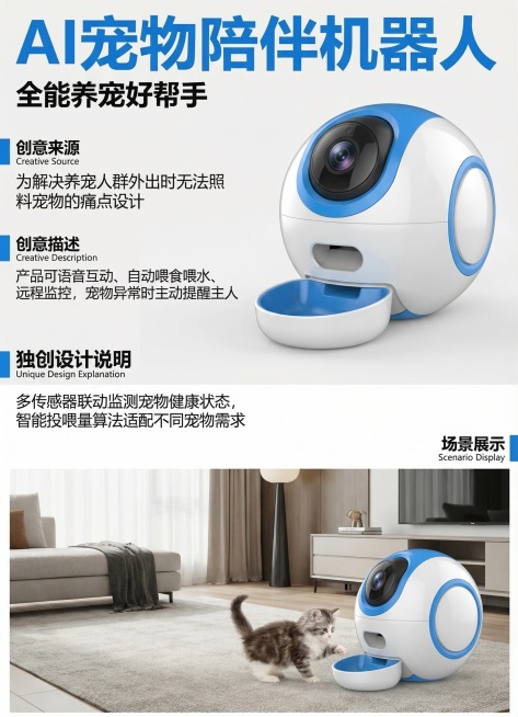 海报仿照上传的户外送货者设计海报的排版，主题为AI宠物陪伴机器人，有大字体标题“AI宠物陪伴机器人”，副标题“全能养宠好帮手”，包含模块：创意来源：为解决养宠人群外出时无法照料宠物的痛点设计；创意描述预览效果