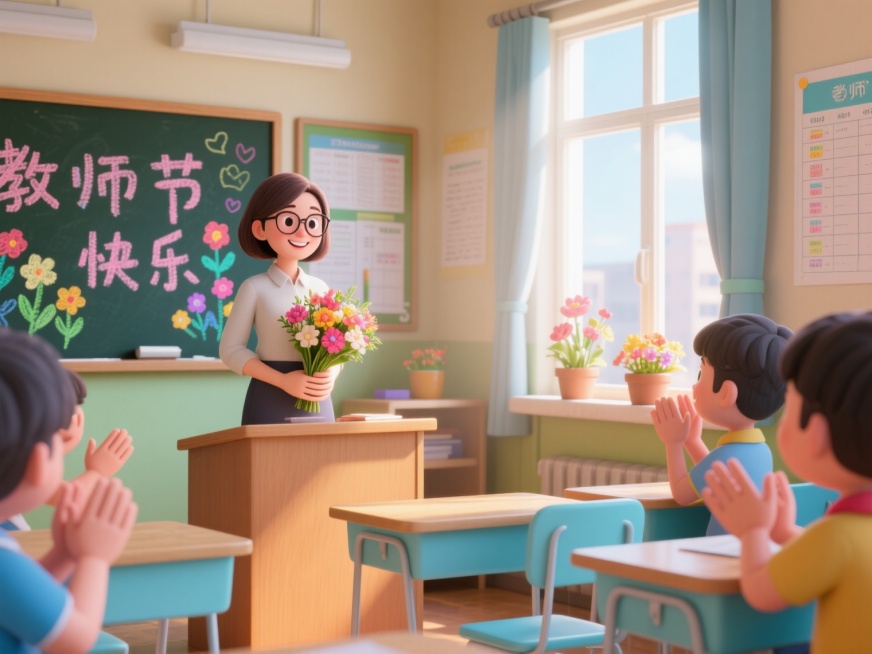 一个温馨的教室场景，一位30岁身材苗条的女老师站在讲台前，手捧着鲜花，面带微笑，她留着中短发，戴着眼镜。教室里，同学们正在鼓掌欢呼，阳光透过窗户洒进来，窗台上摆放着鲜花盆景，墙上贴着表格，教室的桌椅是预览效果
