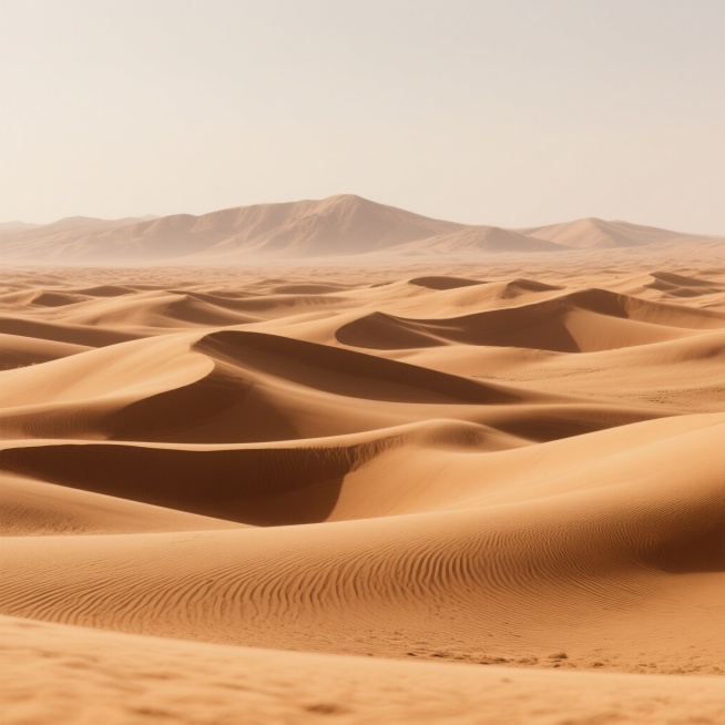 写意风格的沙漠景观，以大面积的土黄色和沙丘的波浪线条构成主体，远处是轮廓柔和的淡棕色山脉，沙丘表面有细腻的纹理和自然的曲线起伏，整体色调温暖统一，营造出宁静辽阔的氛围，体现丝绸之路沙漠的苍茫与悠远意境预览效果