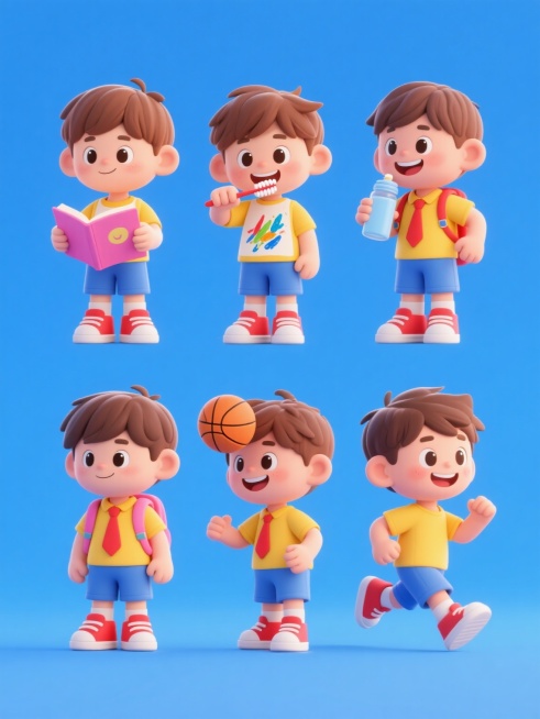 3D卡通风格男孩角色系列素材集合，6个不同材质的男孩角色，穿着细节一致（黄色短袖、蓝色短裤、红色领带、红色运动鞋、粉色背包），分别呈现看书、画画、刷牙、打篮球、喝水、跑步的不同姿态，每个角色置于不同颜色的纯色背景上，整体画面色彩明快鲜艳，6个角色规整排布成矩阵，构图平衡对称，具有清晰的视觉层级和信息传达效率，适合作为系列化设计素材使用，3D渲染，平滑质感，明亮光影，可爱卡通造型，角色有着棕色短……预览效果