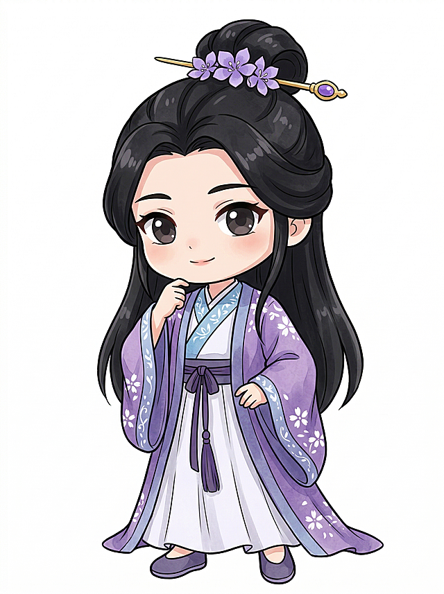 将图1的古风女性角色转换为Q版全身像，参考图2的Q版卡通风格，保持人物原有的紫白配色汉服和紫色发饰，可爱头身比，白底，精致线条，手绘风格