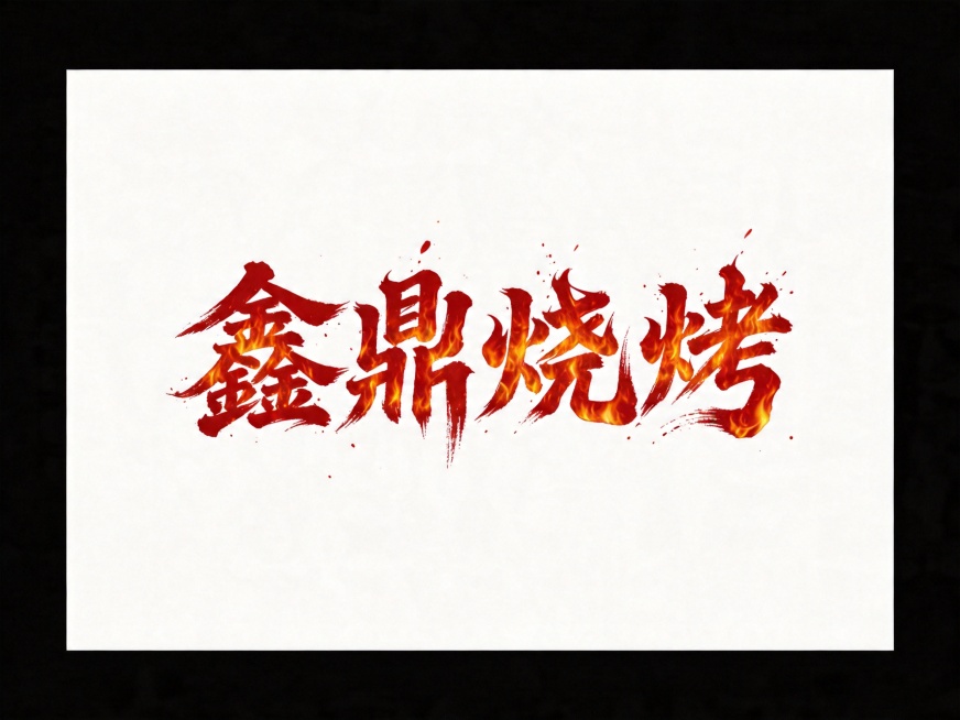 干净的纯黑色背景。
平面艺术字体设计，四个字"鑫鼎烧烤"，所有文字单行横向排列，狂草书法字体，结合火焰燃烧感设计，狂草墨迹飞白枯笔技法，笔锋刚劲有力，节奏跳跃粗犷，气势磅礴，字体融入火焰纹理质感，红色预览效果