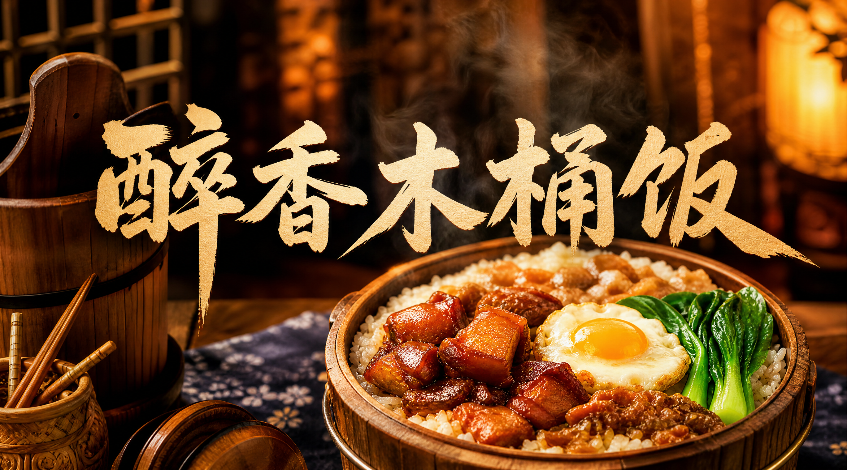 写实摄影风格的餐饮店铺店招横幅，店名"醉香木桶饭"用醒目大气的… - 图片创意预览