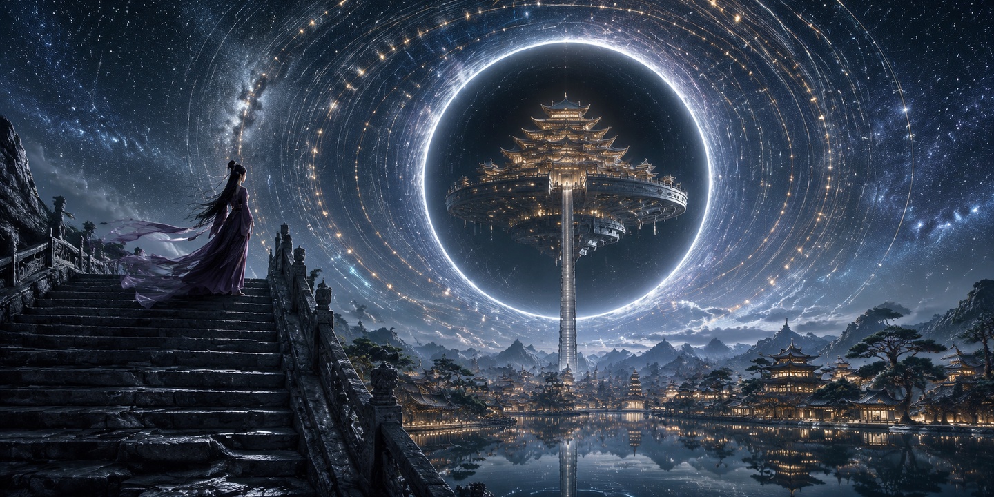 低角度仰视纵深广角构图，前景大面积厚重风化深色巨型古石阶梯占据… - 图片创意预览
