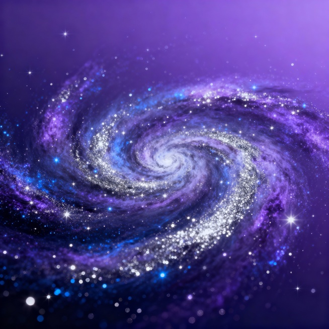 紫色渐变背景，梦幻星河主题，深邃宇宙星空，璀璨星光组成螺旋状星云，蓝紫色调，银色光点闪烁，神秘宁静氛围，螺旋结构清晰，星光疏密有致，边缘柔和过渡，动态流动美感，浩瀚宇宙感预览效果