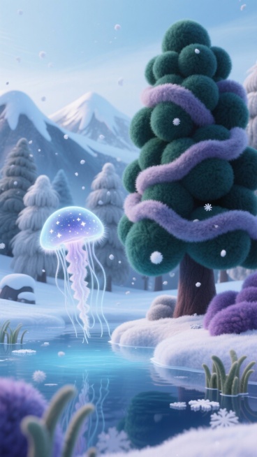 一片静谧的雪原森林，远处的山脉轮廓覆盖着如同长毛象皮毛般的厚重纹理，松树树冠是巨大的墨绿色绒球。 近处，结冰的湖面下，水草像摇曳的丝绒。一只半透明、内部有星河光点流动的绒毛水母，静静悬浮在森林空中，它预览效果