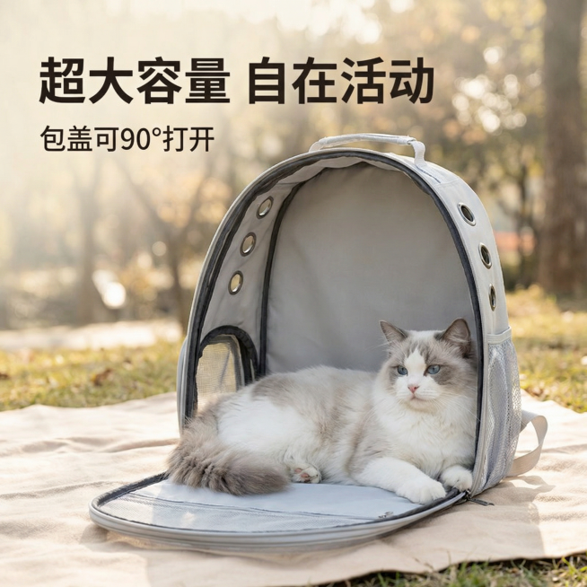 [主图 4] 猫包大容量卖点展示图。[氛围/风格]：生活化户外休闲风格，自然柔和光影。[画面元素]：展示猫包打开状态，包盖90度打开，内部空间宽敞，可以清晰看到大容量容纳空间，一只成年猫舒适趴在内部，预览效果