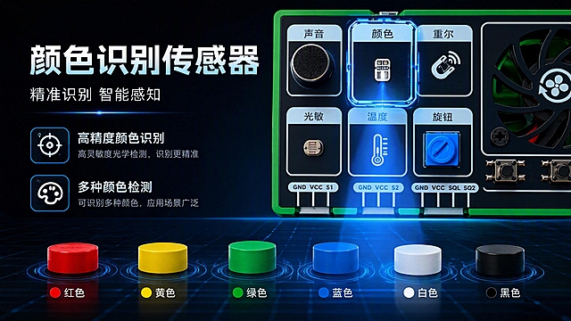 基于图1产品，生成详情页第7张：颜色识别传感器。颜色传感器模块特写，识别不同颜色的示意。主标题：颜色识别传感器，副标题：精准识别 智能感知。2个卖点：高精度颜色识别、多种颜色检测。16:9横版，4K，科技感风格。